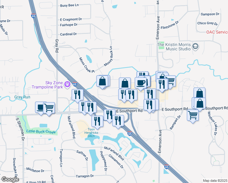 map of restaurants, bars, coffee shops, grocery stores, and more near 4850 East Southport Road in Indianapolis