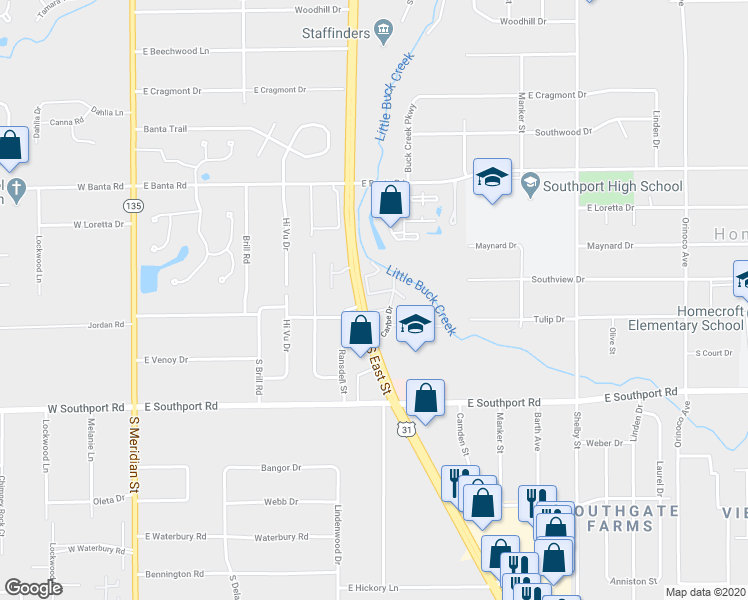 map of restaurants, bars, coffee shops, grocery stores, and more near 551 Caribe Mall in Indianapolis