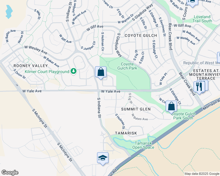map of restaurants, bars, coffee shops, grocery stores, and more near 2720 South Holman Court in Lakewood