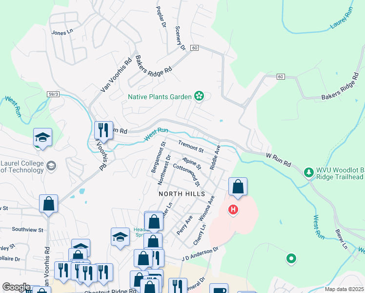 map of restaurants, bars, coffee shops, grocery stores, and more near 792 Alpine Street in Morgantown