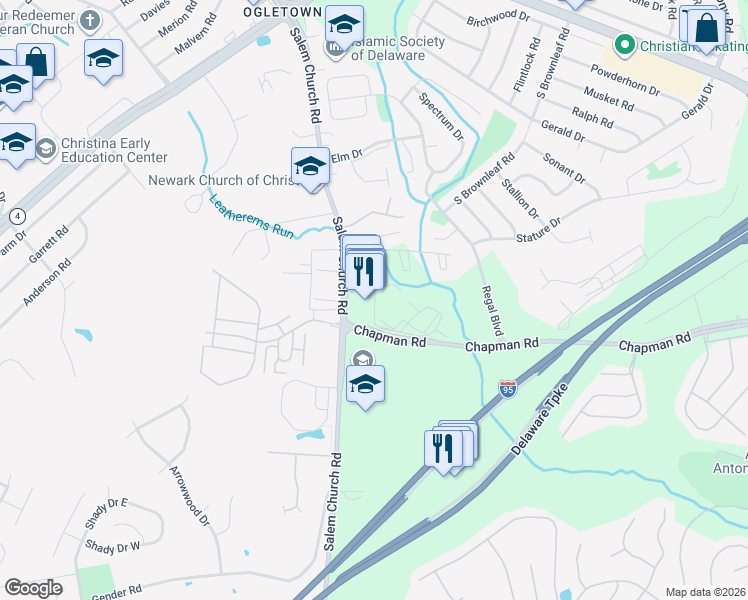 map of restaurants, bars, coffee shops, grocery stores, and more near 19 Sandalwood Drive in Newark