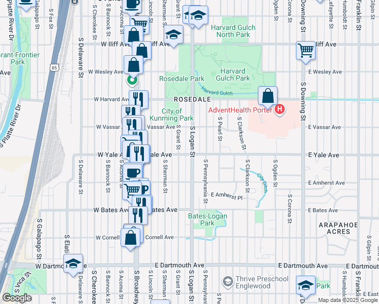 map of restaurants, bars, coffee shops, grocery stores, and more near 300 East Yale Avenue in Englewood