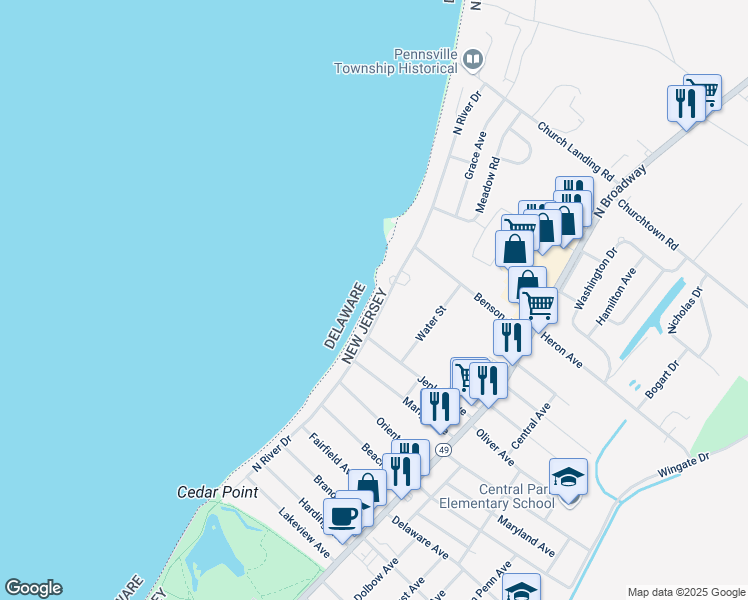 map of restaurants, bars, coffee shops, grocery stores, and more near 195 North River Drive in Pennsville Township