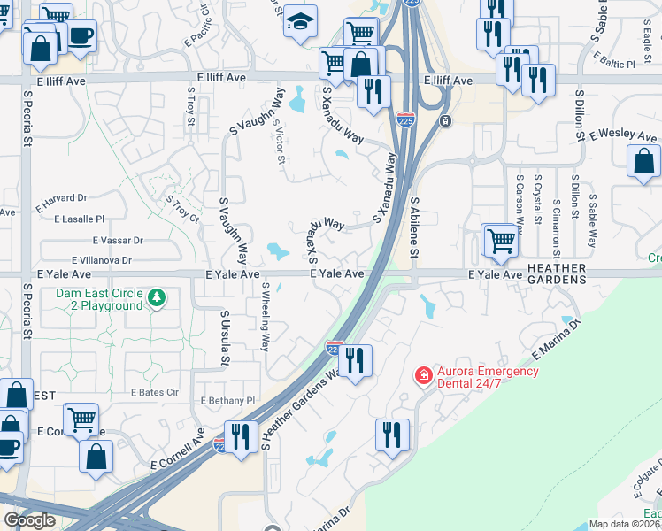 map of restaurants, bars, coffee shops, grocery stores, and more near 2716 South Xanadu Way in Aurora