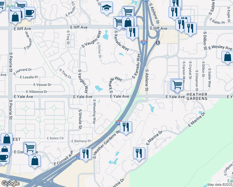 map of restaurants, bars, coffee shops, grocery stores, and more near 2716 South Xanadu Way in Aurora