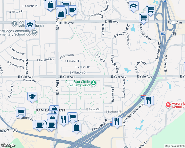 map of restaurants, bars, coffee shops, grocery stores, and more near 12496 East Amherst Circle in Aurora
