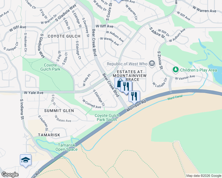 map of restaurants, bars, coffee shops, grocery stores, and more near 2876 South Devinney Court in Lakewood