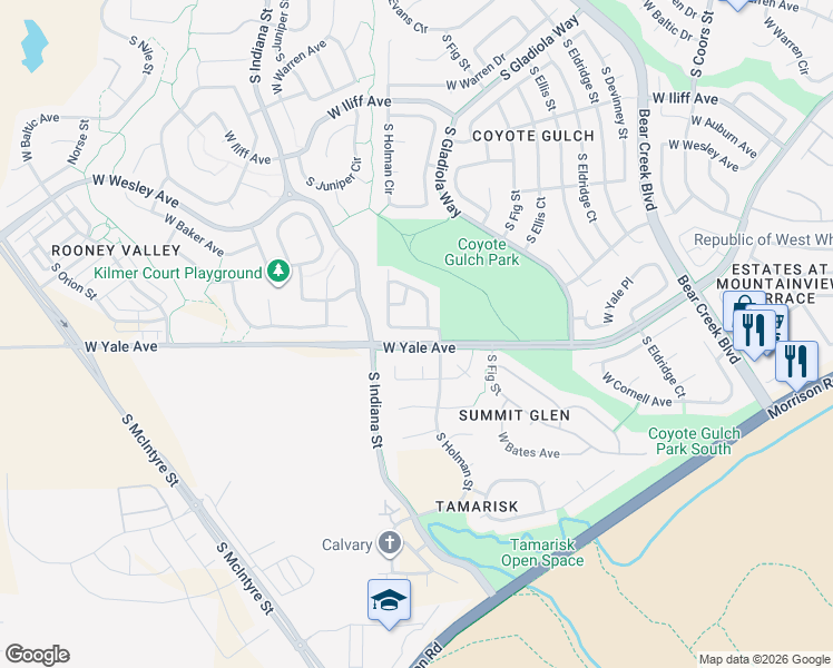 map of restaurants, bars, coffee shops, grocery stores, and more near 2720 South Holman Court in Lakewood