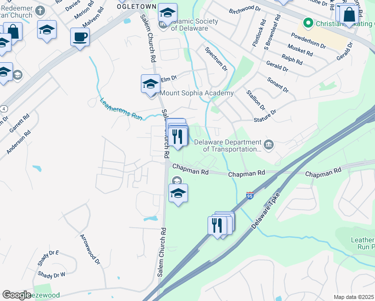 map of restaurants, bars, coffee shops, grocery stores, and more near 19 Sandalwood Drive in Newark