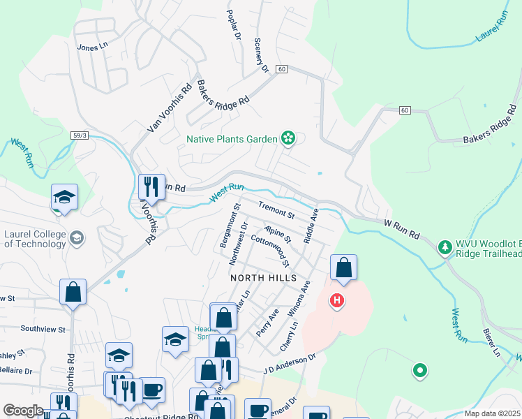 map of restaurants, bars, coffee shops, grocery stores, and more near 792 Alpine Street in Morgantown