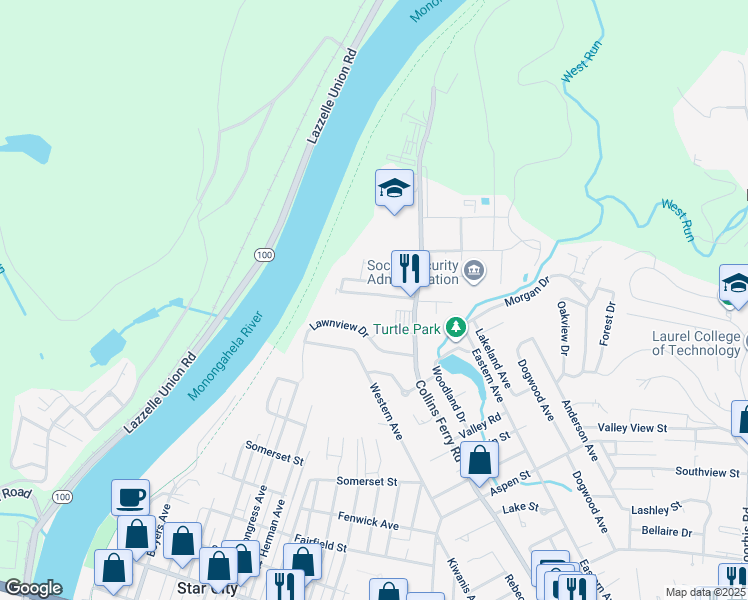 map of restaurants, bars, coffee shops, grocery stores, and more near 441 Lawnview Dr in Morgantown