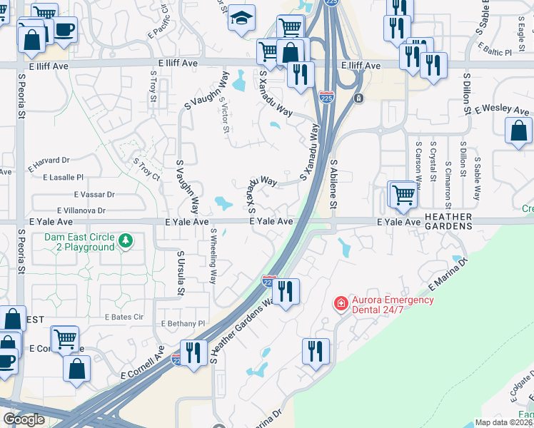 map of restaurants, bars, coffee shops, grocery stores, and more near 2716 South Xanadu Way in Aurora