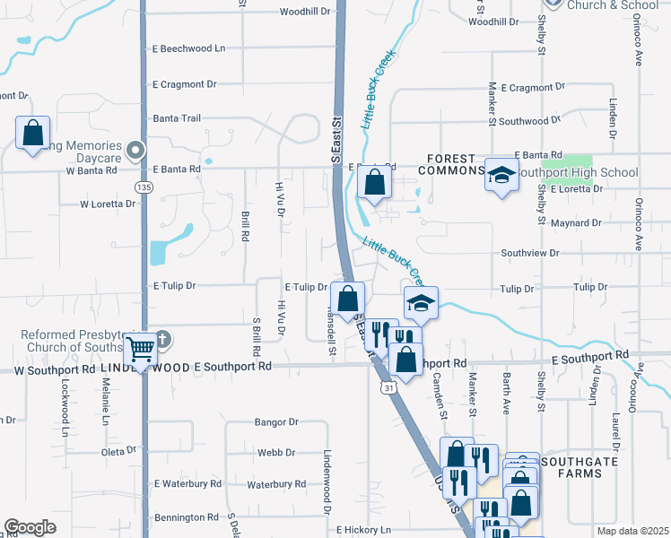 map of restaurants, bars, coffee shops, grocery stores, and more near 6768 U.S. 31 in Indianapolis