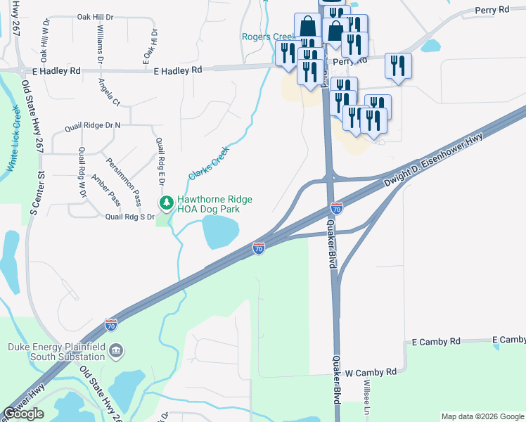 map of restaurants, bars, coffee shops, grocery stores, and more near Highway 267 in Plainfield