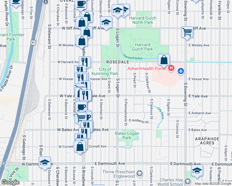 map of restaurants, bars, coffee shops, grocery stores, and more near 300 East Yale Avenue in Englewood