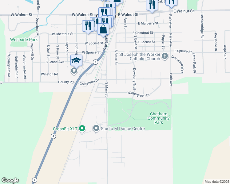 map of restaurants, bars, coffee shops, grocery stores, and more near 200 Wintergreen Drive in Chatham