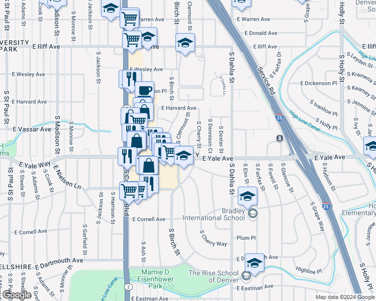 map of restaurants, bars, coffee shops, grocery stores, and more near 4567 East Yale Avenue in Denver