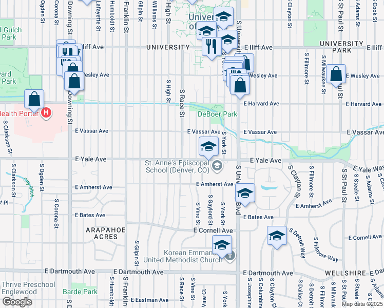 map of restaurants, bars, coffee shops, grocery stores, and more near 2702 South Race Street in Denver