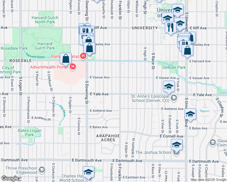 map of restaurants, bars, coffee shops, grocery stores, and more near 2710 South Humboldt Street in Denver