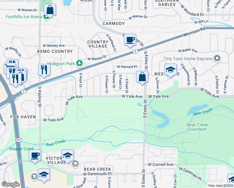 map of restaurants, bars, coffee shops, grocery stores, and more near 9042 West Washburn Place in Lakewood