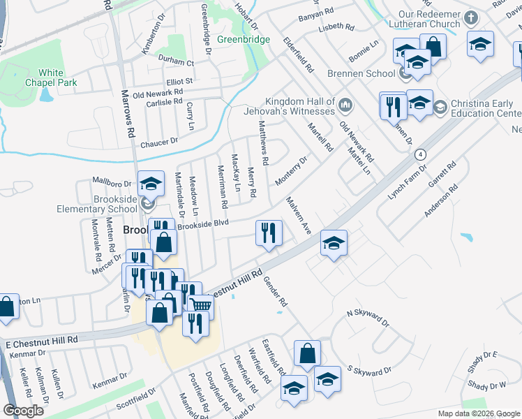 map of restaurants, bars, coffee shops, grocery stores, and more near 136 Brookside Boulevard in Newark