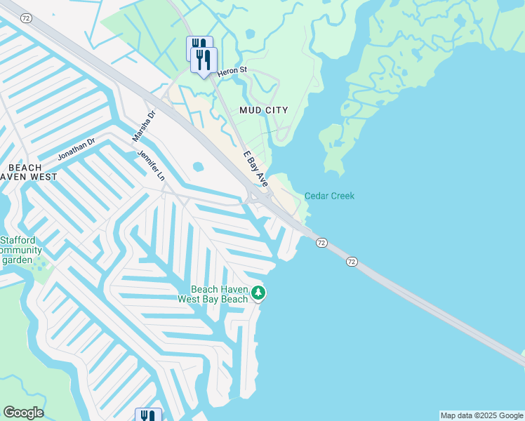 map of restaurants, bars, coffee shops, grocery stores, and more near 16 Steven Drive in Stafford Township