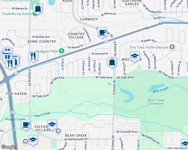 map of restaurants, bars, coffee shops, grocery stores, and more near 9042 West Washburn Place in Lakewood