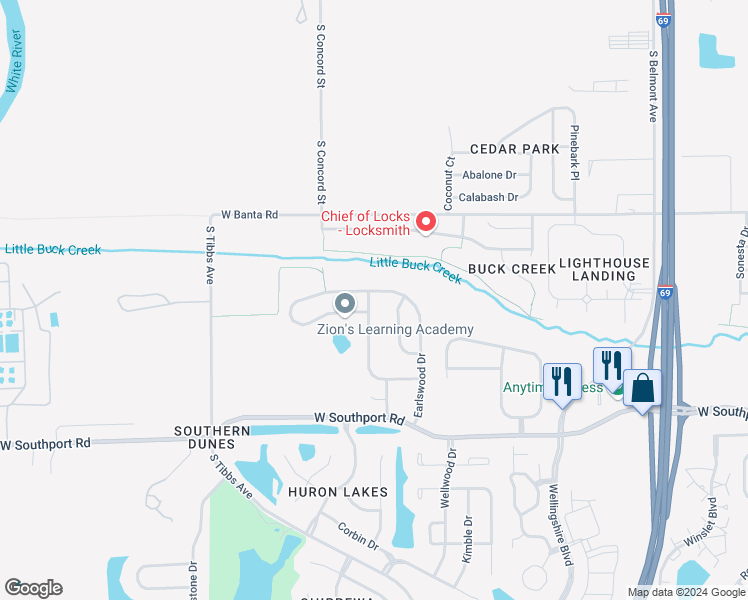 map of restaurants, bars, coffee shops, grocery stores, and more near 6647 Everbloom Lane in Indianapolis