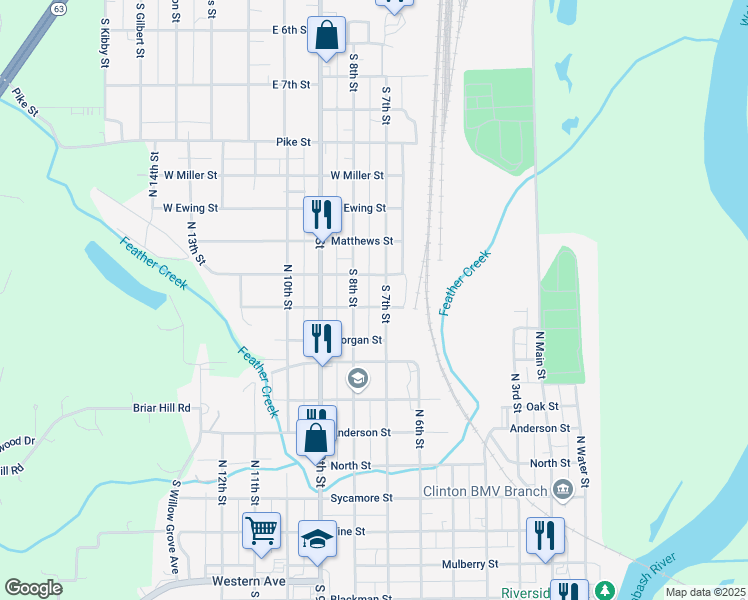 map of restaurants, bars, coffee shops, grocery stores, and more near 741 North 8th Street in Clinton