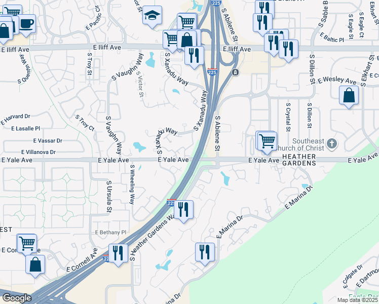 map of restaurants, bars, coffee shops, grocery stores, and more near Interstate 225 in Aurora