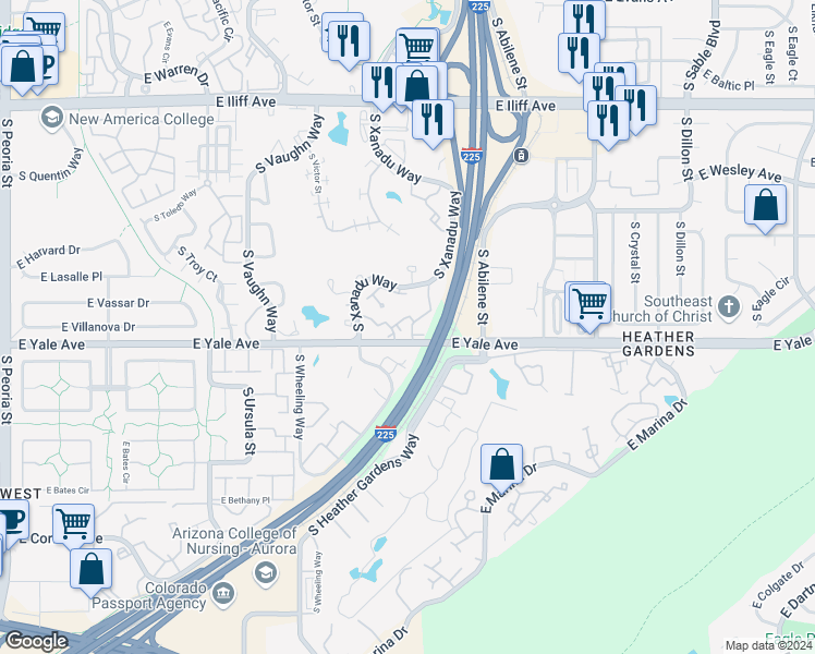 map of restaurants, bars, coffee shops, grocery stores, and more near 2716 South Xanadu Way in Aurora