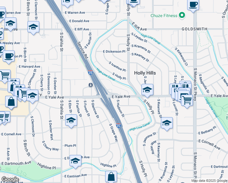 map of restaurants, bars, coffee shops, grocery stores, and more near 5400 East Yale Avenue in Denver