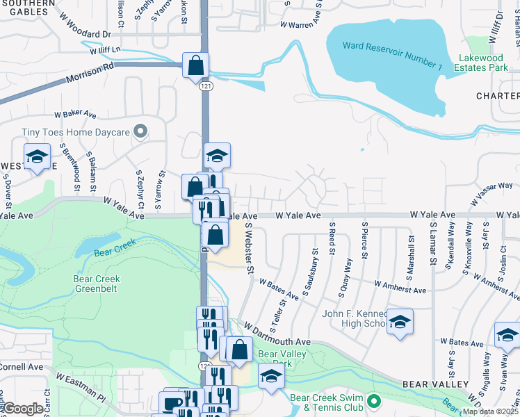 map of restaurants, bars, coffee shops, grocery stores, and more near 2716 South Vance Way in Lakewood