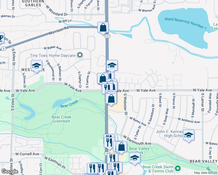 map of restaurants, bars, coffee shops, grocery stores, and more near in Denver