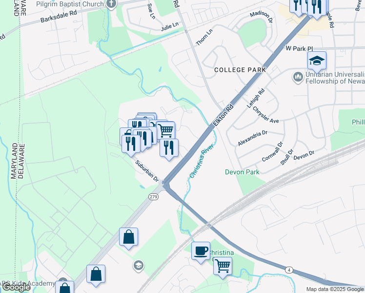 map of restaurants, bars, coffee shops, grocery stores, and more near 1102 Millstone Drive in Newark
