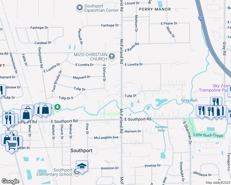 map of restaurants, bars, coffee shops, grocery stores, and more near 6760 McFarland Road in Indianapolis