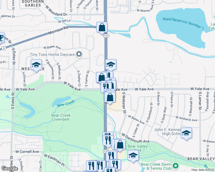 map of restaurants, bars, coffee shops, grocery stores, and more near 2690 South Wadsworth Boulevard in Denver