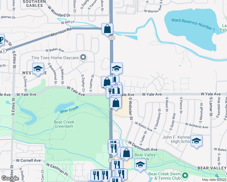 map of restaurants, bars, coffee shops, grocery stores, and more near 2690 South Wadsworth Boulevard in Denver