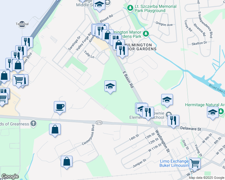 map of restaurants, bars, coffee shops, grocery stores, and more near 713 East Basin Road in New Castle