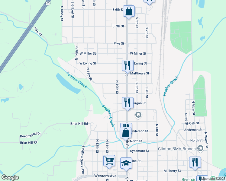 map of restaurants, bars, coffee shops, grocery stores, and more near 676-784 North 10th Street in Clinton