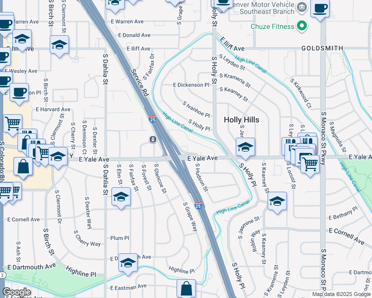map of restaurants, bars, coffee shops, grocery stores, and more near 5395 East Yale Avenue in Denver