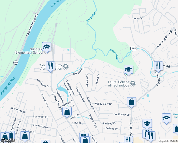 map of restaurants, bars, coffee shops, grocery stores, and more near 113 Oakview Drive in Morgantown