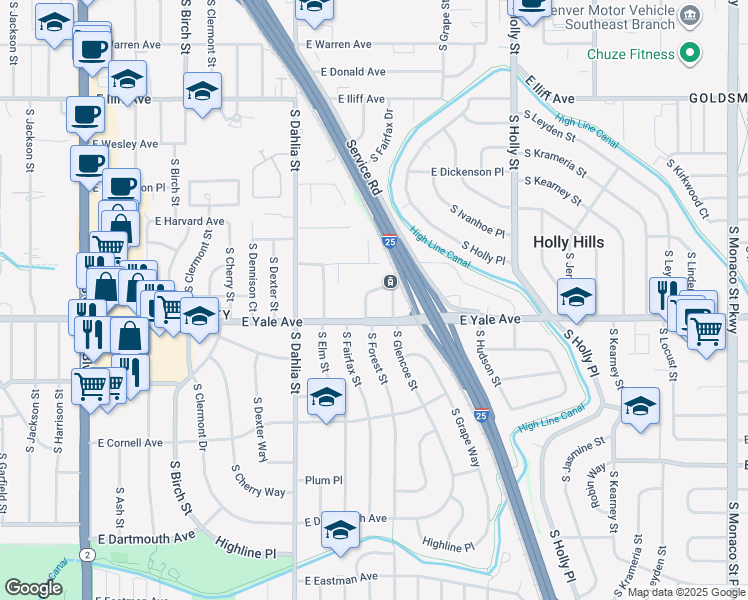 map of restaurants, bars, coffee shops, grocery stores, and more near in Denver