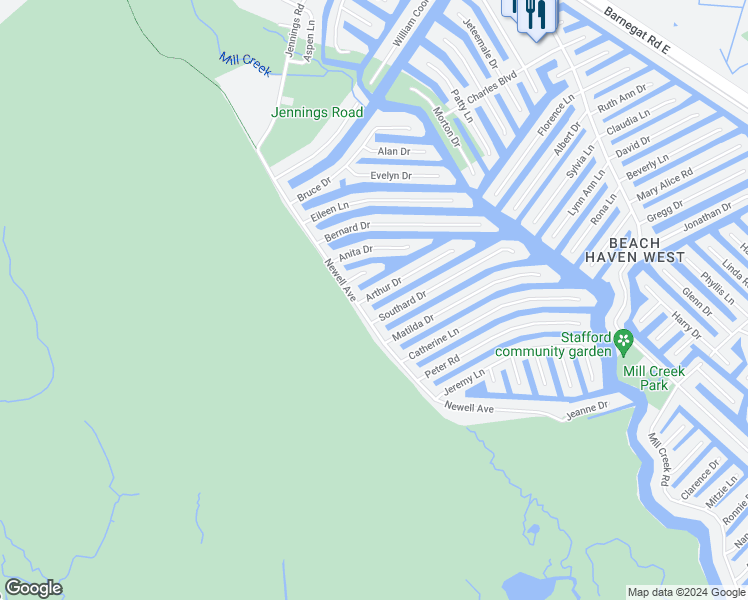 map of restaurants, bars, coffee shops, grocery stores, and more near 105 Arthur Drive in Stafford Township