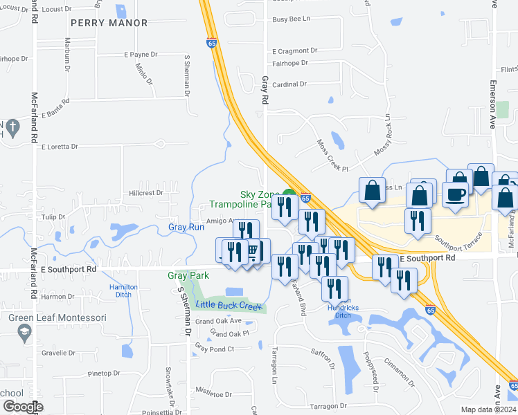 map of restaurants, bars, coffee shops, grocery stores, and more near 4025 Mi Casa Avenue in Indianapolis
