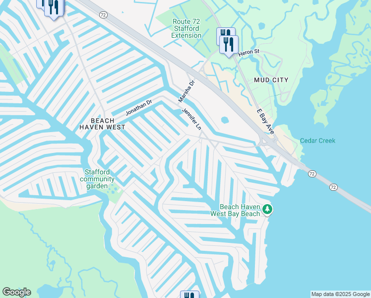 map of restaurants, bars, coffee shops, grocery stores, and more near 172 Morris Boulevard in Stafford Township