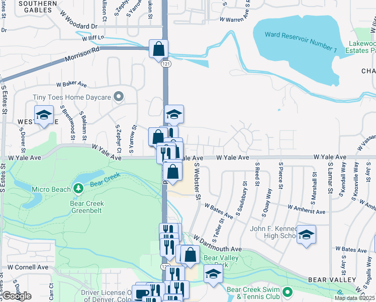 map of restaurants, bars, coffee shops, grocery stores, and more near 7550 West Yale Avenue in Denver