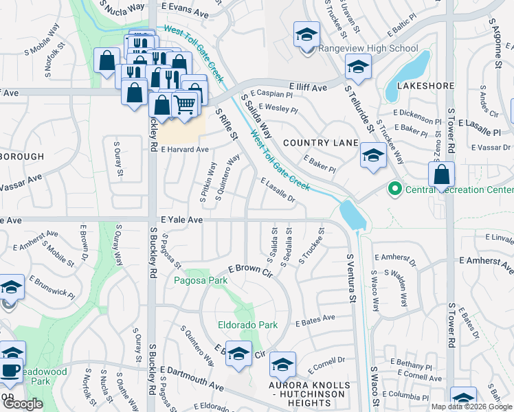map of restaurants, bars, coffee shops, grocery stores, and more near 2702 South Salida Way in Aurora