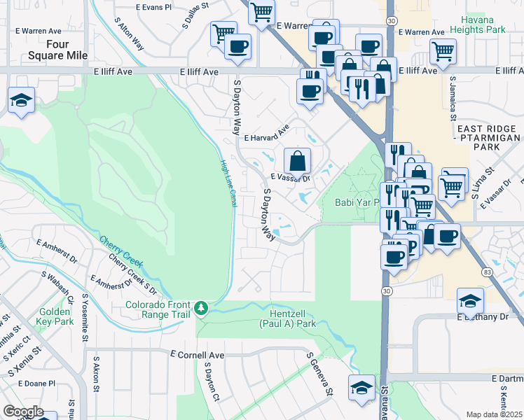 map of restaurants, bars, coffee shops, grocery stores, and more near 2685 Beaumont Way in Denver