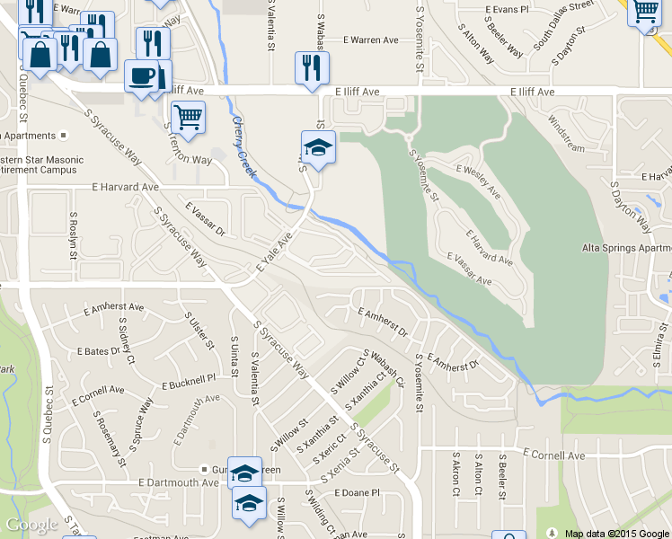 map of restaurants, bars, coffee shops, grocery stores, and more near 8621 East Yale Avenue in Denver